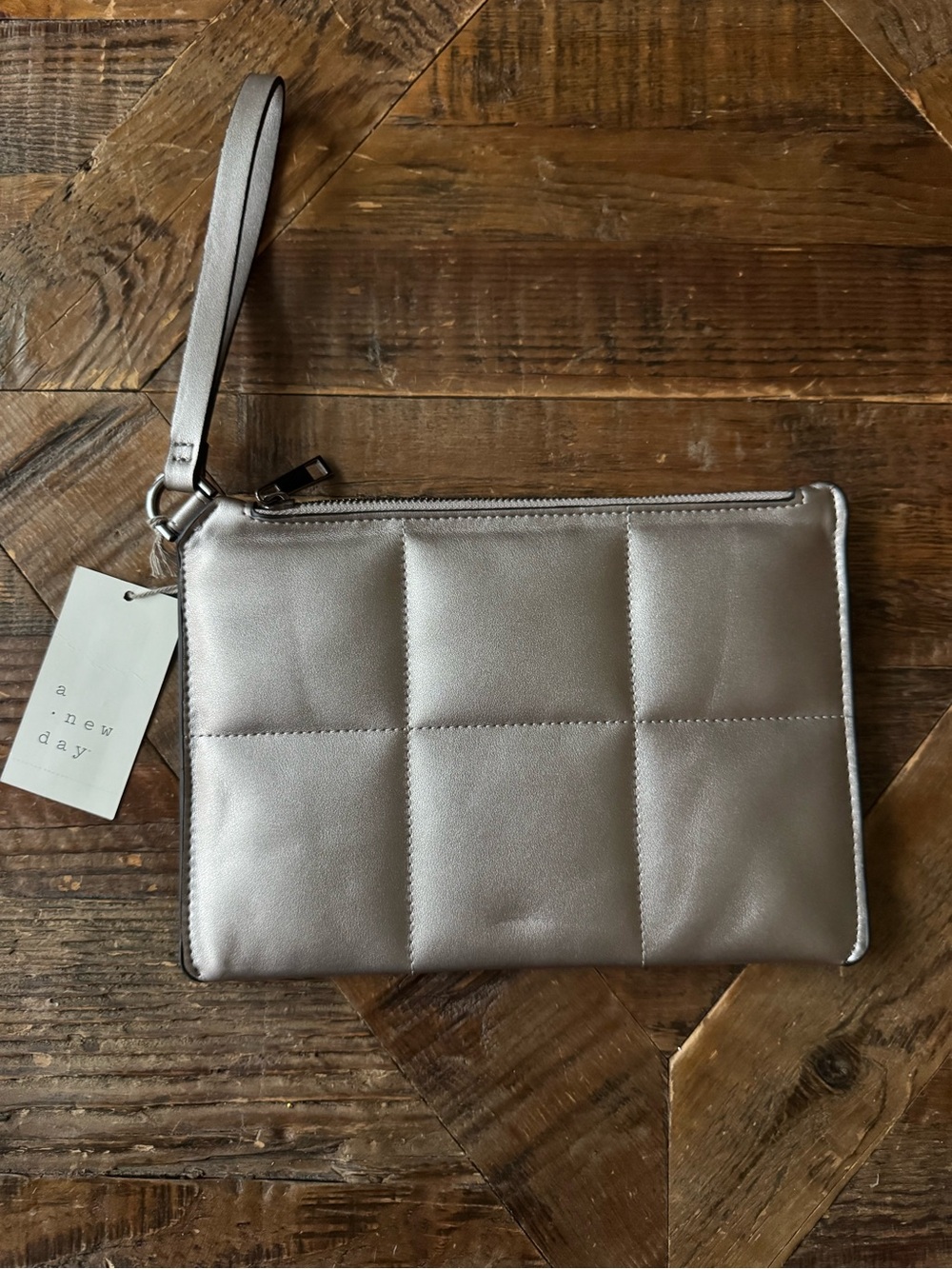 A New Day Metallic Silver Padded Wristlet Clutch NWT
